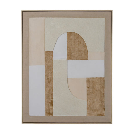 Hill Interiors Linen Textured Canvas in a wooden frame, featuring an abstract beige, cream and white geometric composition with arched and rectangular shapes.