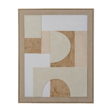Hill Interiors Linen Textured Canvas in Wood Frame in beige, portrait wall art with geometric arches, rectangles and half-circles in cream, tan and white.