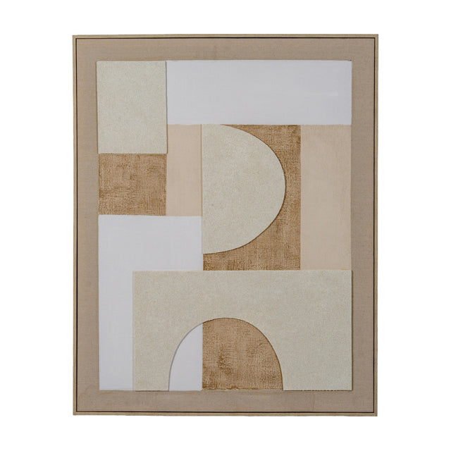 Hill Interiors Linen Textured Canvas in Wood Frame in beige, portrait wall art with geometric arches, rectangles and half-circles in cream, tan and white.
