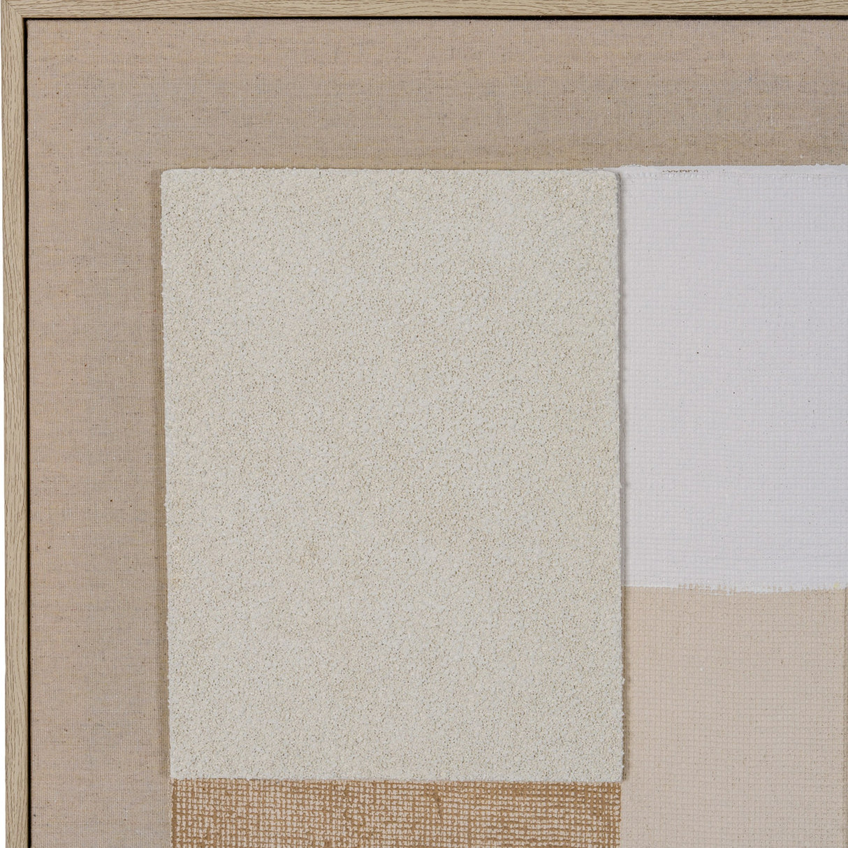 Close-up of Hill Interiors Linen Textured Canvas in Wood Frame showing beige linen weave, textured off-white block, and slim natural wood frame corner.