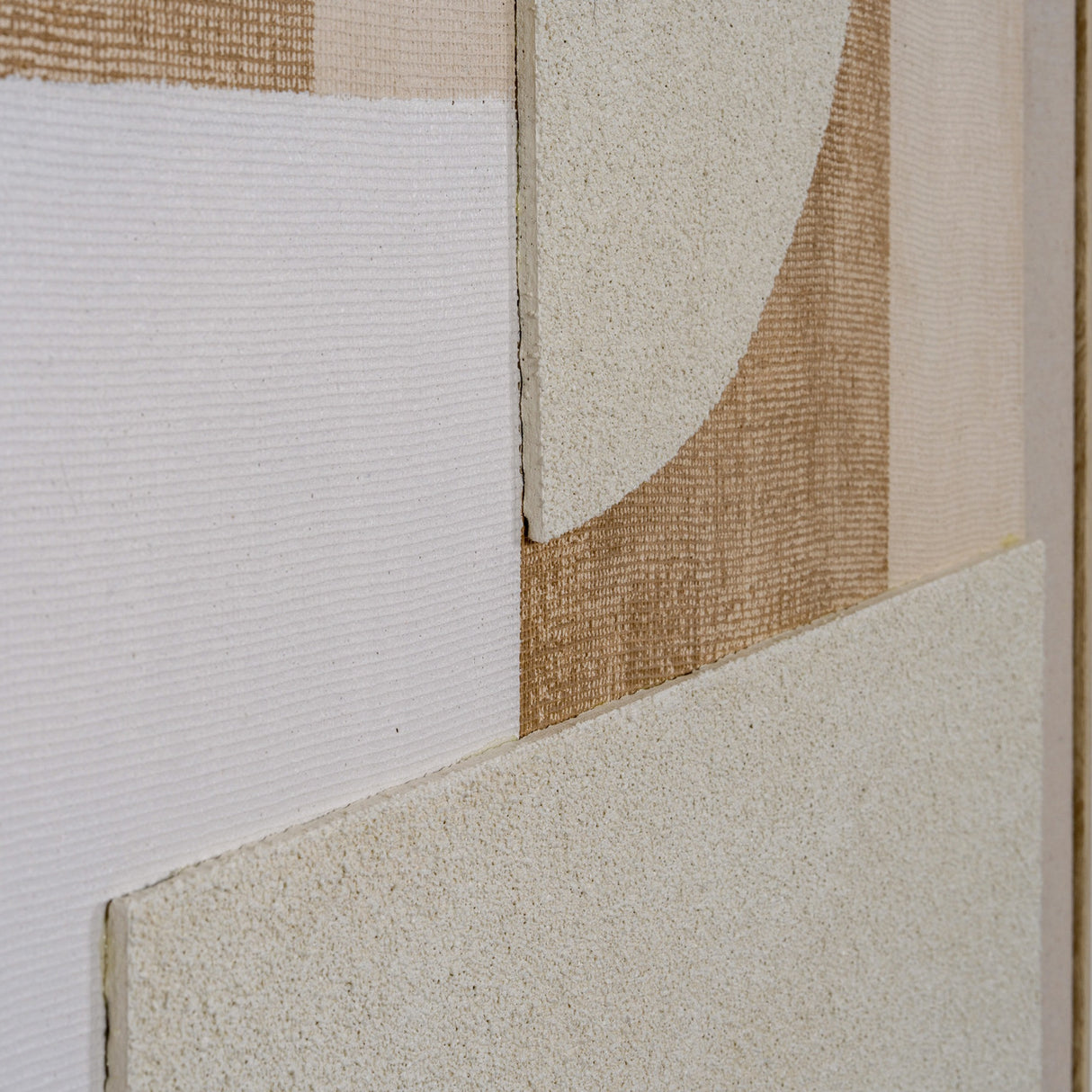 Close-up of Hill Interiors Linen Textured Canvas in Wood Frame showing beige and white linen-weave panels with soft curved shapes and a slim wood edge.