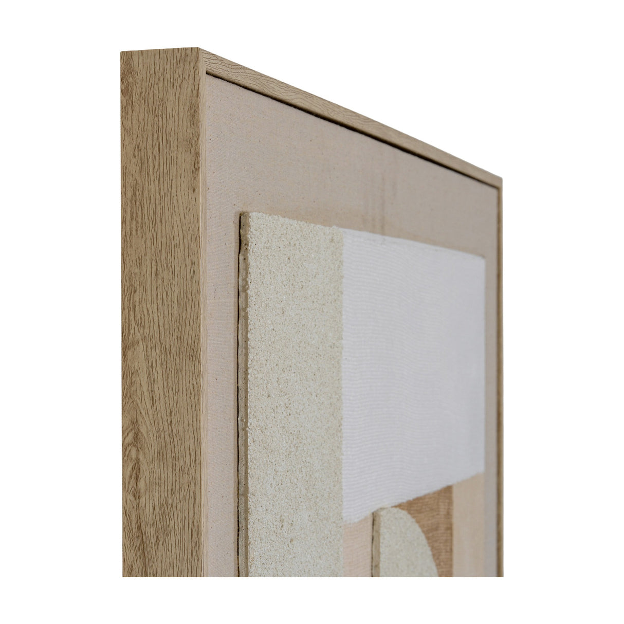 Close-up corner view of Hill Interiors Linen Textured Canvas showing the slim wood frame and beige linen surface with textured cream and white shapes.