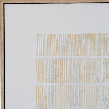 Hill Interiors Textured Line Canvas close-up showing raised beige vertical ridges on white canvas within a slim light wooden frame.