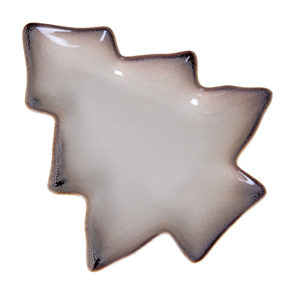 Hill Interiors Small Ceramic Tree Dish in white with glazed finish and dark speckled edges, shaped as a stylised Christmas tree, on a plain background.
