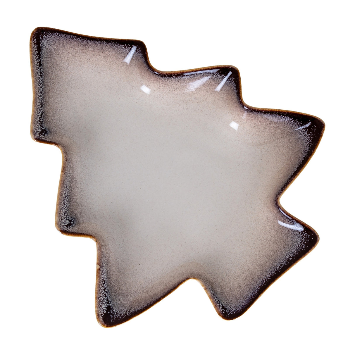 Hill Interiors Medium Ceramic Tree Dish in Christmas tree shape with glazed cream centre and dark speckled brown edges, shown on a plain white background.