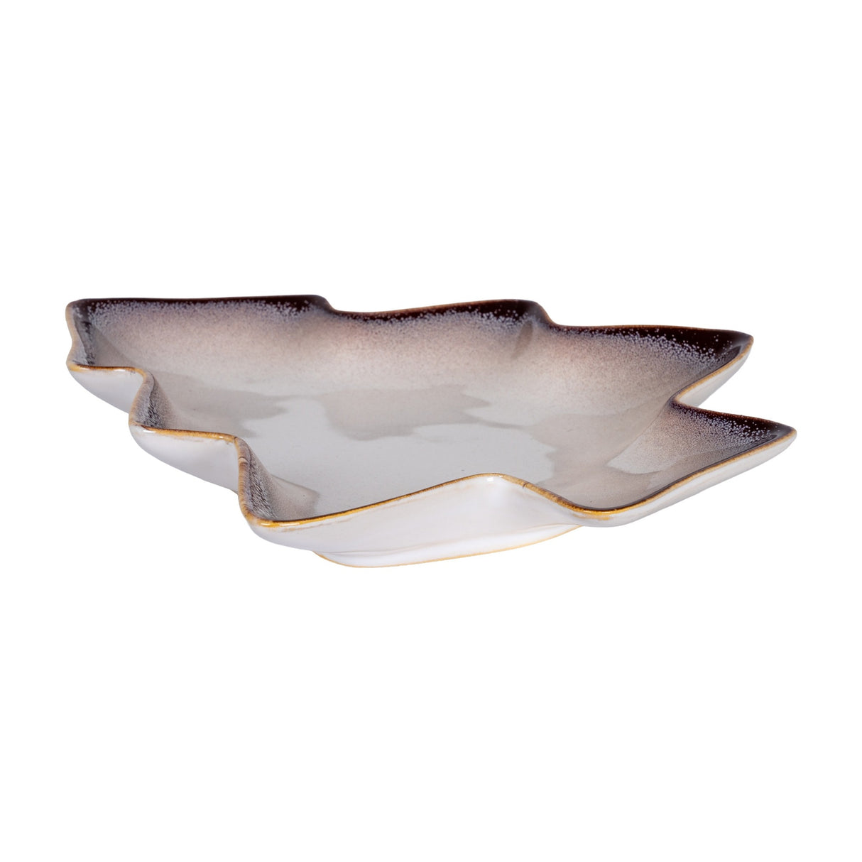 Hill Interiors Medium Ceramic Tree Dish in white with a soft dark ombré rim, shown as a shallow Christmas tree-shaped serving piece on a plain background.