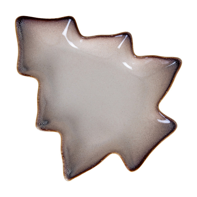 Hill Interiors large ceramic tree-shaped dish with a glossy cream and brown reactive glaze, shown on a plain white background.