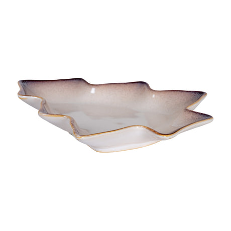 Hill Interiors large ceramic tree-shaped dish in a white glaze with subtle brown-tinted edges, shown from a low angle on a plain white background.
