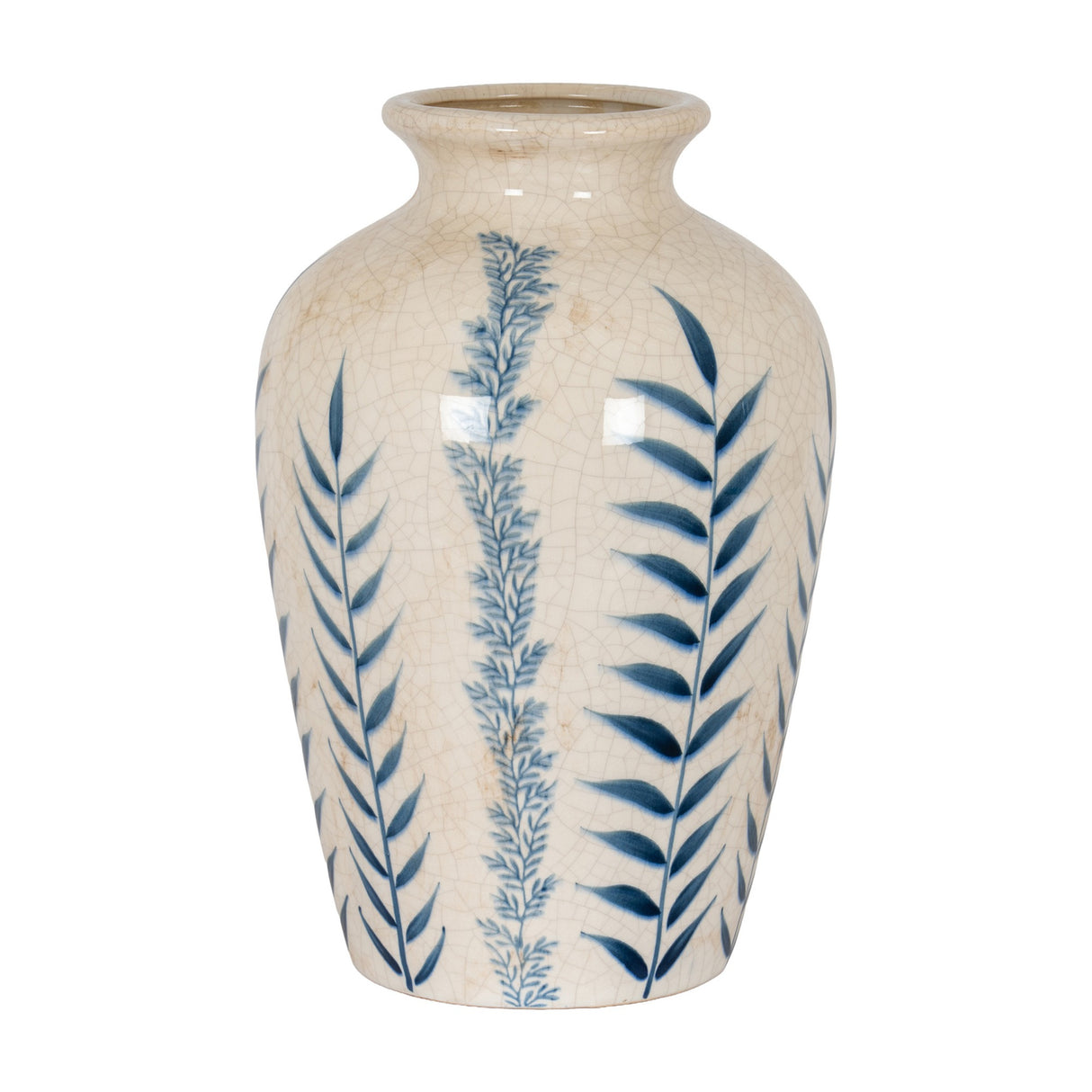 Hill Interiors Ribbed Ceramic Flora Vase in cream with crackle glaze and blue hand-painted fern and leaf motifs, shown on a white background.