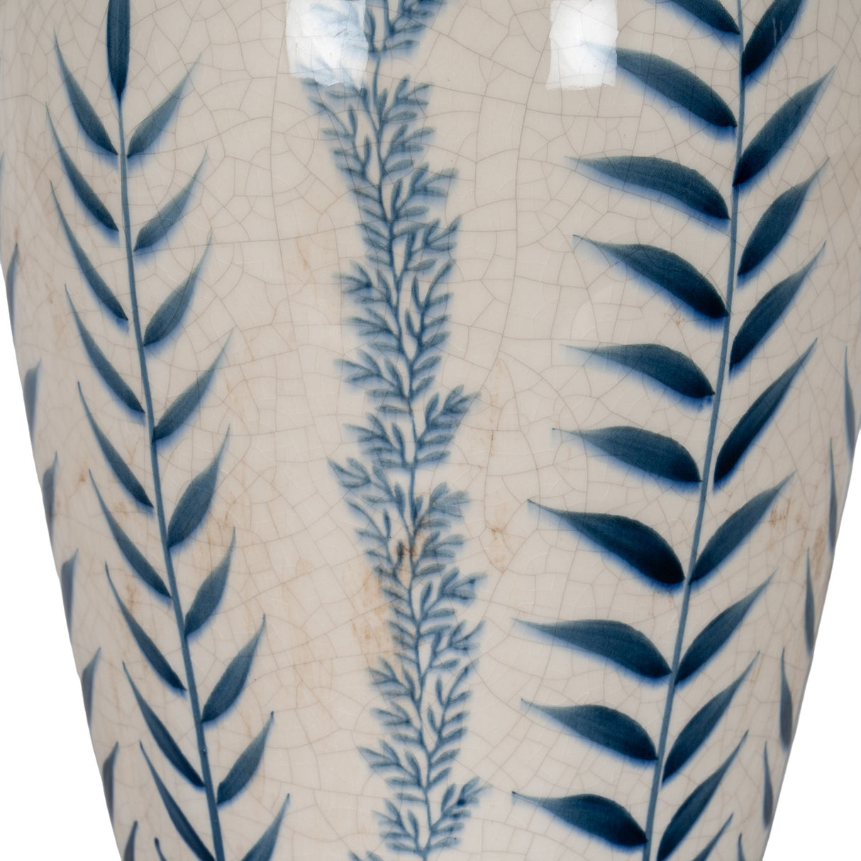 Close-up of Hill Interiors Ribbed Ceramic Flora Vase showing crackle-glazed white surface with hand-painted blue fern and leaf motifs.