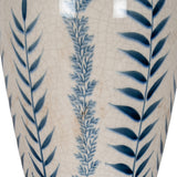 Close-up of Hill Interiors Ribbed Ceramic Flora Vase showing crackle-glazed white surface with hand-painted blue fern and leaf motifs.