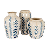 Hill Interiors Ribbed Ceramic Flora Vases in cream crackle glaze with blue leaf motifs, shown as a trio of varied shapes on a white background.