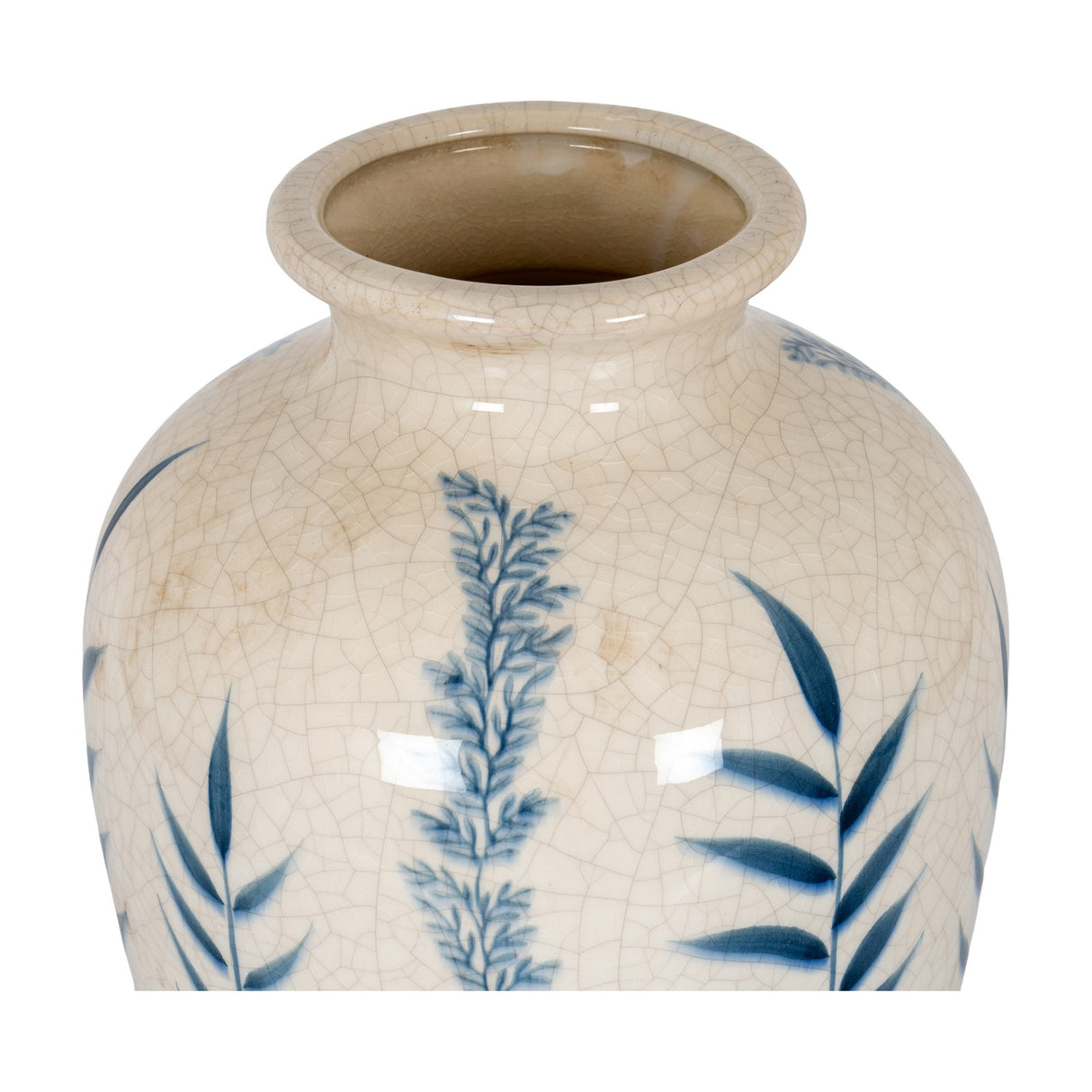 Hill Interiors Ribbed Ceramic Flora Vase in cream crackle glaze with blue painted foliage, close-up of the wide open mouth on a white background.