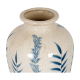 Hill Interiors Ribbed Ceramic Flora Vase in cream crackle glaze with blue painted foliage, close-up of the wide open mouth on a white background.