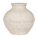 Hill Interiors medium stone-effect ceramic vase in white, with a rounded body, textured surface, beaded band and rope-detailed neck, on a plain background.