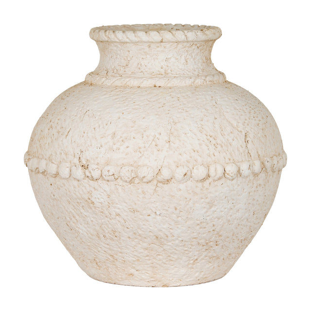 Hill Interiors medium stone-effect ceramic vase in white, with a rounded body, textured surface, beaded band and rope-detailed neck, on a plain background.