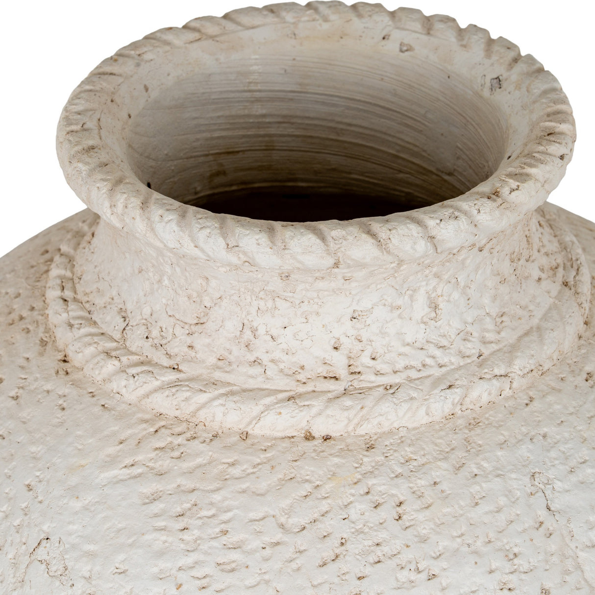 Close-up of Hill Interiors Medium Stone-Effect Ceramic Vase in white, showing the roped rim, tapered neck and textured matt surface.