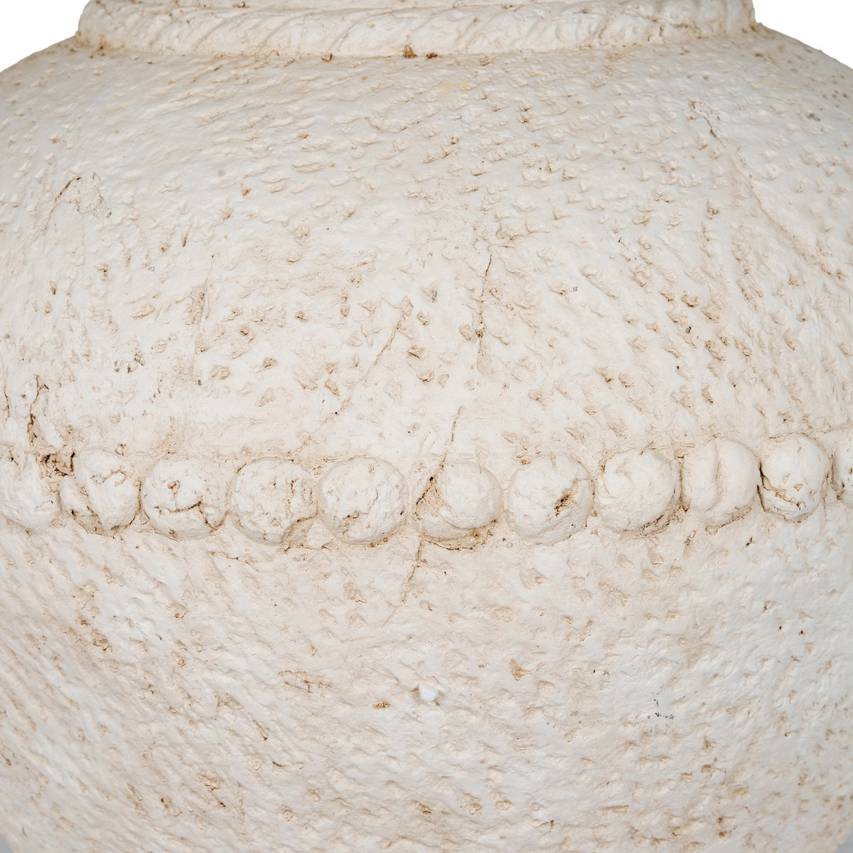 Close-up of Hill Interiors Medium Stone-Effect Ceramic Vase in white, showing textured surface and a raised band of rounded bead detailing around the body.