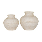 Hill Interiors Medium Stone-Effect Ceramic Vase in white shown beside a larger vase, both with rounded bodies, textured surfaces and beaded trim detail.