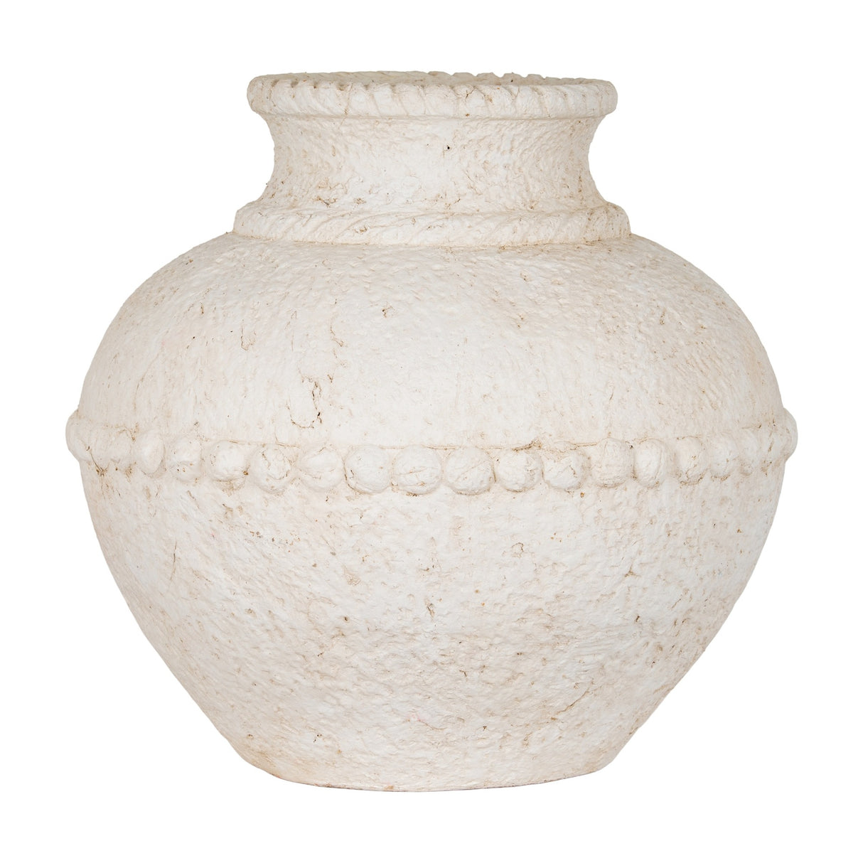 Hill Interiors large white stone-effect ceramic vase with textured surface, rope-detailed neck and beaded band around the rounded body on a plain background.