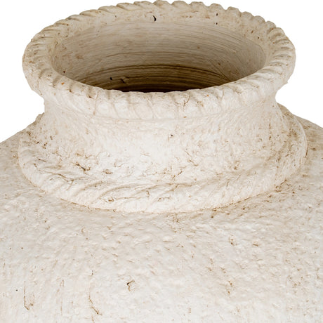 Close-up of Hill Interiors Large Stone-Effect Ceramic Vase in white, showing the ridged rim and textured neck above a rounded body.