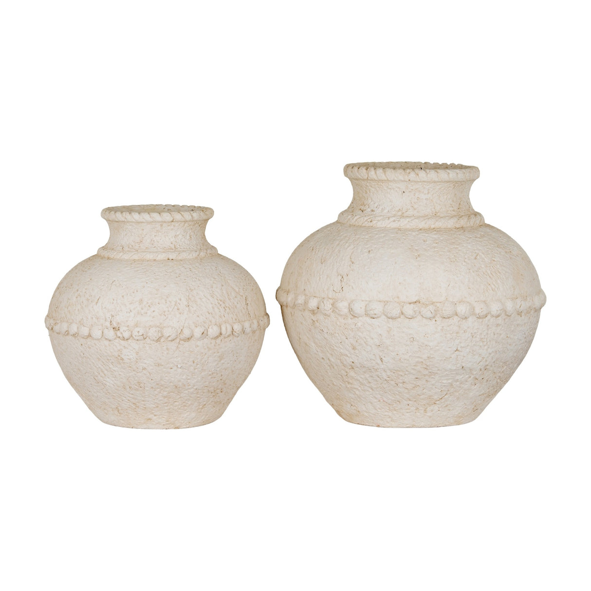 Two Hill Interiors large stone-effect ceramic vases in white, with textured rounded bodies, roped rims and beaded bands, shown on a plain background.