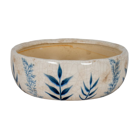 Hill Interiors Small Ceramic Flora Bowl in white with crackle glaze and blue painted leaf motifs around the sides, shown on a plain white background.