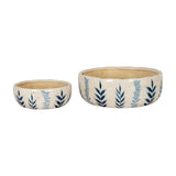 Hill Interiors Large Ceramic Flora Bowls in white with blue leaf motifs and crackle glaze, shown in two sizes on a plain white background.