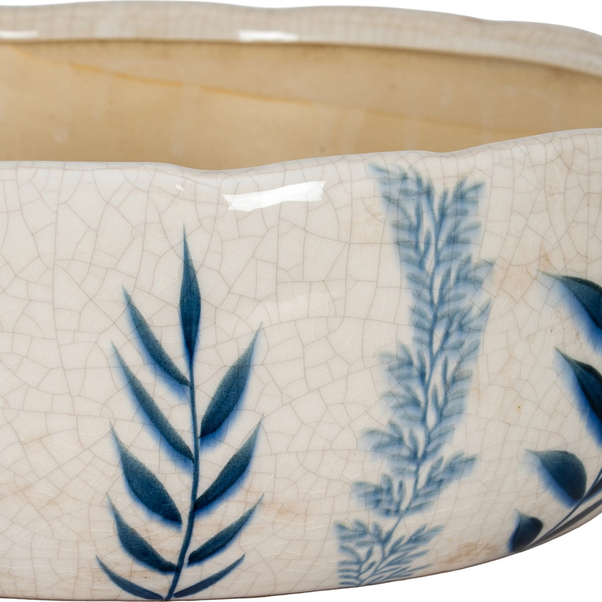 Hill Interiors Large Ceramic Flora Bowl in white with crackle glaze finish and blue painted botanical leaf motifs around the scalloped rim.
