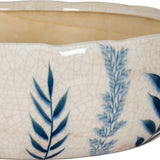 Hill Interiors Large Ceramic Flora Bowl in white with crackle glaze finish and blue painted botanical leaf motifs around the scalloped rim.