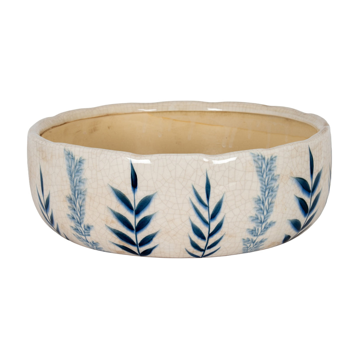 Hill Interiors Large Ceramic Flora Bowl in white with a crackle glaze finish and raised blue leaf motif around the body, shown on a plain background.