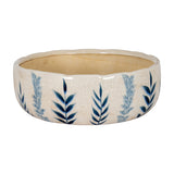 Hill Interiors Large Ceramic Flora Bowl in white with a crackle glaze finish and raised blue leaf motif around the body, shown on a plain background.