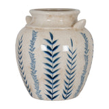 Hill Interiors Blue Flora Amphora ceramic vase with cream crackle glaze, blue leafy stem motifs and small side handles, on a plain white background.