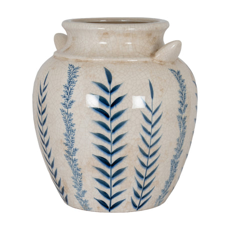 Hill Interiors Blue Flora Amphora ceramic vase with cream crackle glaze, blue leafy stem motifs and small side handles, on a plain white background.