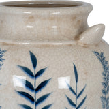 Close-up of the Hill Interiors Blue Flora Amphora ceramic vase showing its crackle-glazed cream neck, curved handle and hand-painted blue leaf motif.