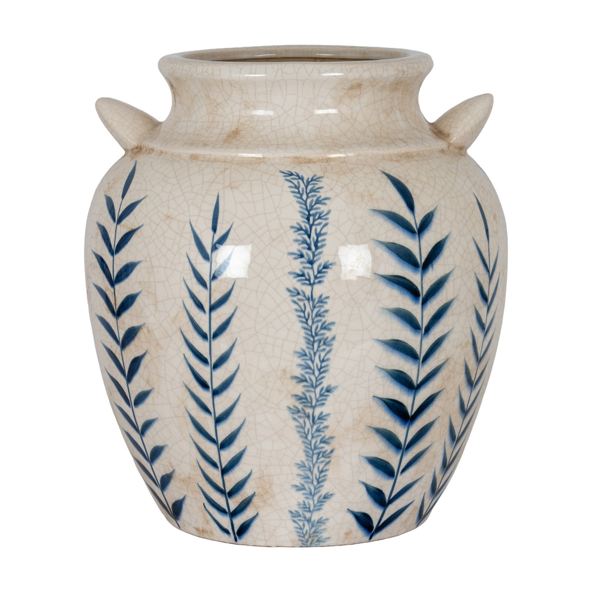 Hill Interiors Blue Flora Amphora ceramic vase in cream crackle glaze with blue leaf motifs and small side handles, shown on a white background.