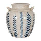 Hill Interiors Blue Flora Amphora ceramic vase in cream crackle glaze with blue leaf motifs and small side handles, shown on a white background.