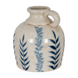 Hill Interiors Blue Floral Amphora Jug Vase in white crackle-glazed ceramic with blue leaf motifs, tapered neck and small looped handle.