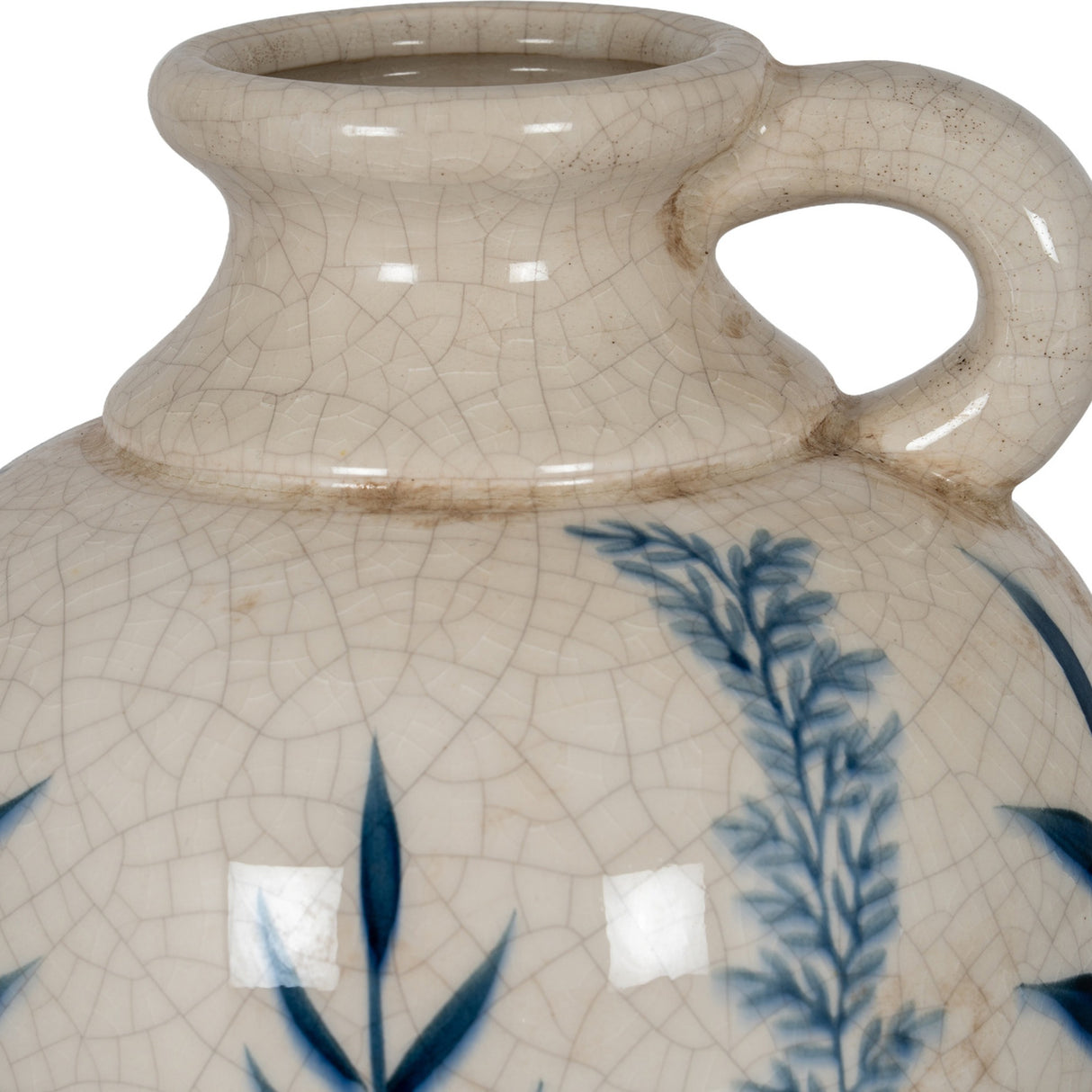 Close-up of Hill Interiors Blue Floral Amphora Jug Vase in white crackle-glazed ceramic, showing the flared lip, small looped handle and blue leaf motif.