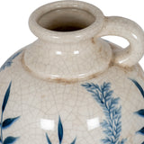 Close-up of the Hill Interiors Blue Floral Amphora Jug Vase showing the crackle-glazed white ceramic neck, looped handle and blue painted foliage.