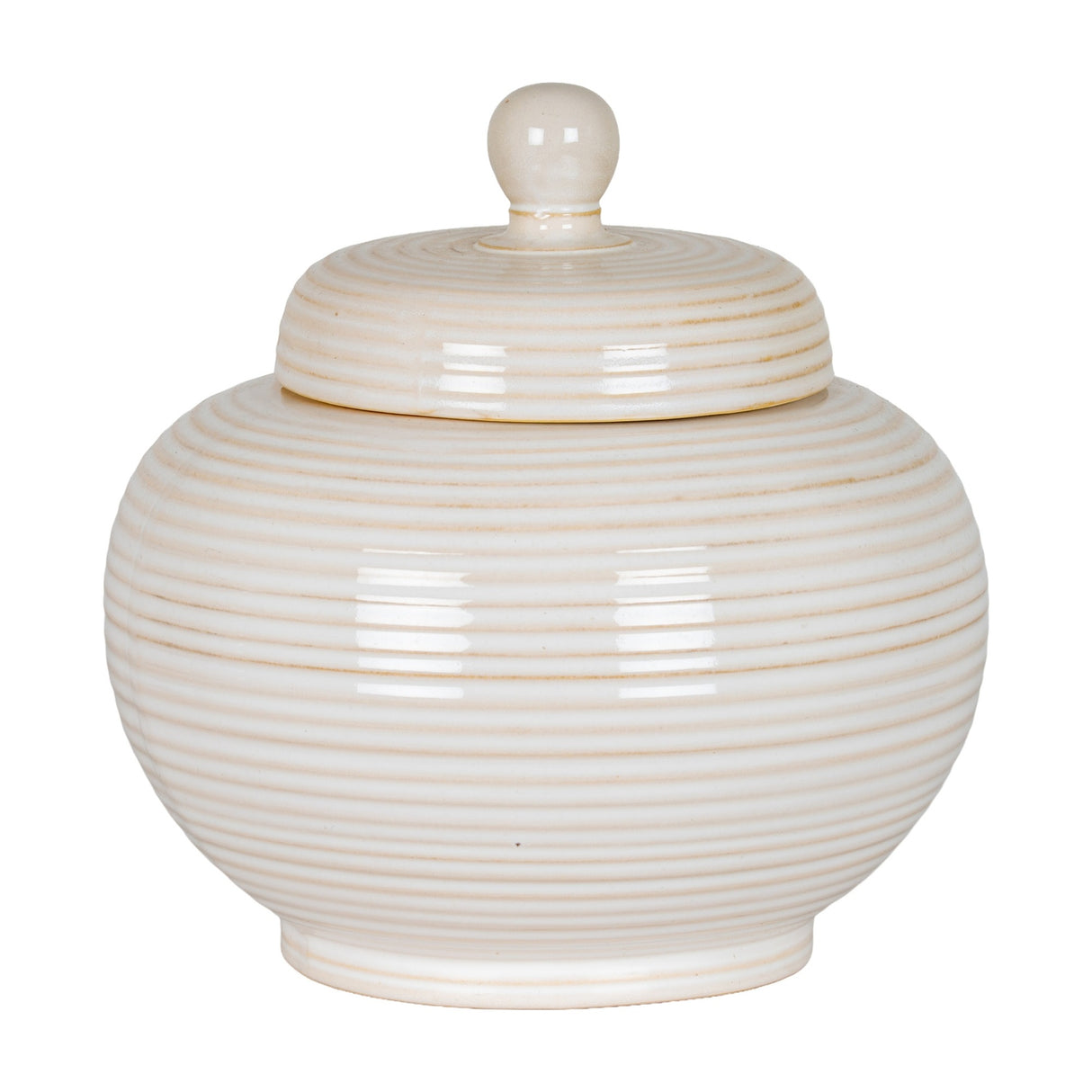 Hill Interiors Large Lidded Ceramic Jar in white with a ribbed glazed body, rounded bellied form and fitted domed lid with ball finial.