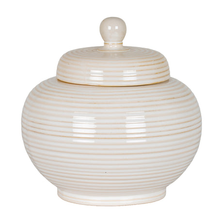 Hill Interiors Large Lidded Ceramic Jar in white with a ribbed glazed body, rounded bellied form and fitted domed lid with ball finial.
