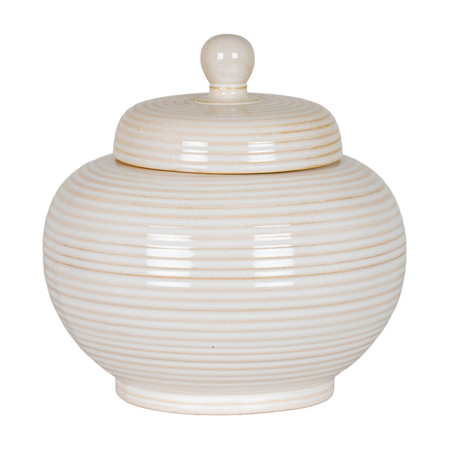 Hill Interiors Large Lidded Ceramic Jar in white with a ribbed glazed body, rounded bellied form and fitted domed lid with ball finial.