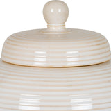 Close-up of the Hill Interiors Large Lidded Ceramic Jar in white, showing the domed lid with round finial and ribbed glazed finish against a plain background.