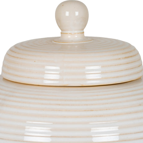 Close-up of the Hill Interiors Large Lidded Ceramic Jar in white, showing the domed lid with round finial and ribbed glazed finish against a plain background.