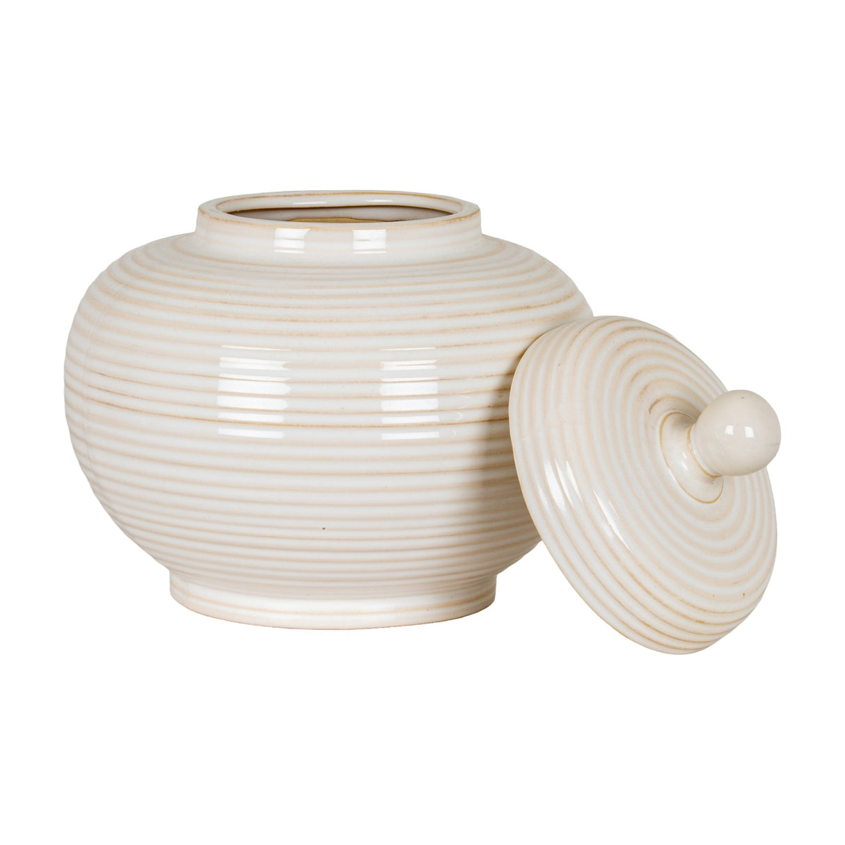 Hill Interiors Large Lidded Ceramic Jar in white with a ribbed rounded body and matching domed lid with ball finial set beside it on a white background.