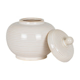 Hill Interiors Small Lidded Ceramic Jar in white with a ribbed glazed finish, rounded body and separate domed lid with ball knob, on a plain background.
