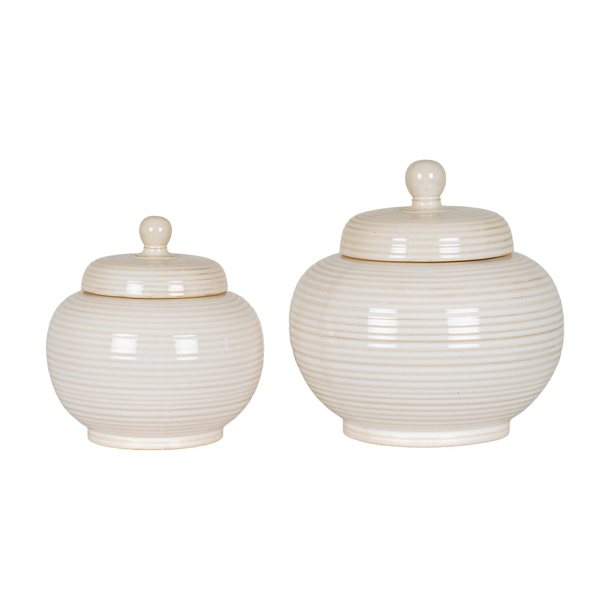 Hill Interiors Small Lidded Ceramic Jar in white shown beside a larger ribbed jar with domed lids and ball finials on a plain background.
