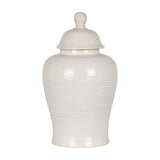 Hill Interiors Lidded Ceramic Ginger Jar in white with a ribbed glazed finish, rounded body and domed lid with round finial, on a plain background.