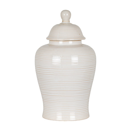 Hill Interiors Lidded Ceramic Ginger Jar in white with a ribbed glazed finish, rounded body and domed lid with round finial, on a plain background.